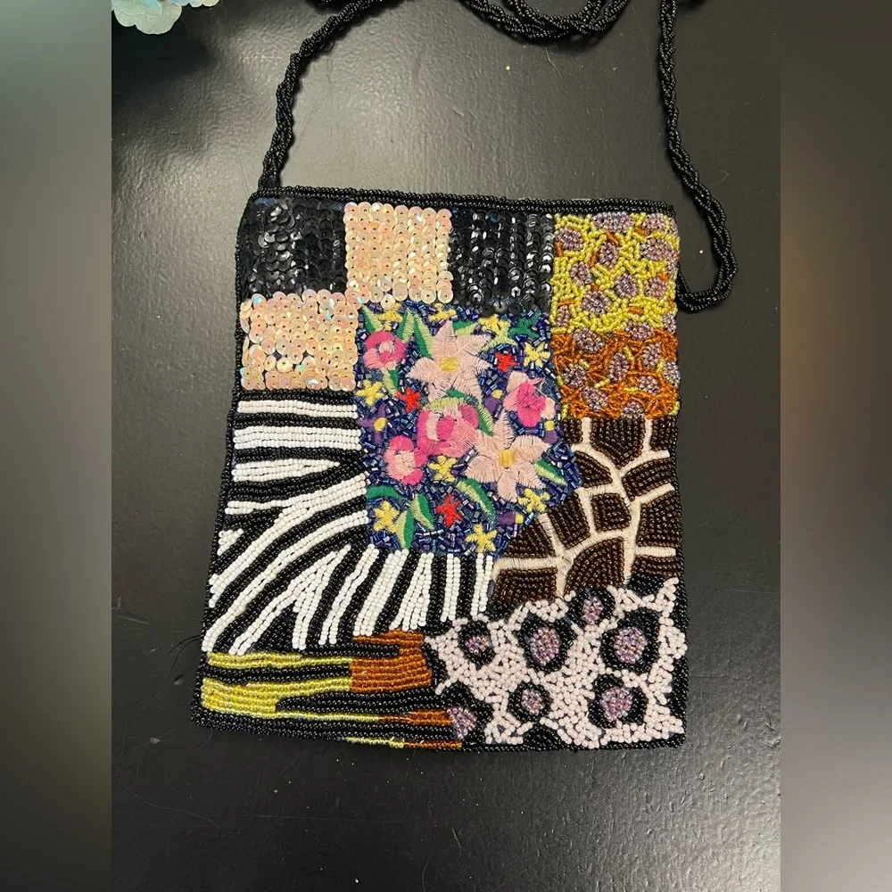 Vintage 90s Y2K Colorful Animal Print Floral Beaded Sequins Cross‎ Body Purse
